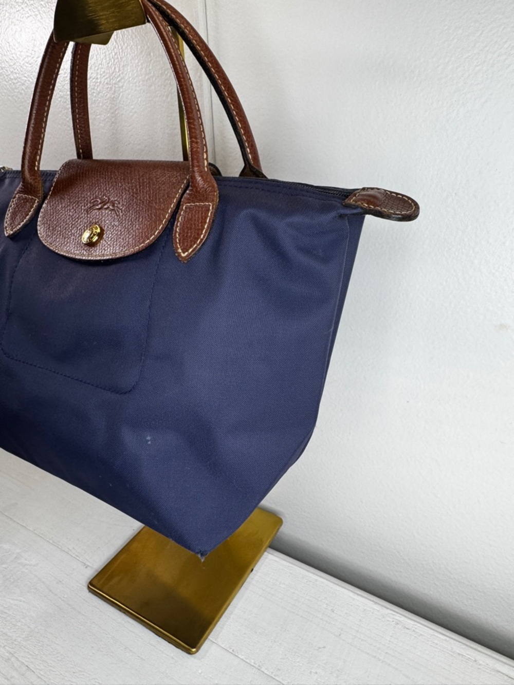 Longchamp Le Pliage Small Navy Nylon Tote Brown Leather Handles Authentic - Picture 2 of 14